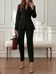 Set de 2 piezas: Chaqueta tipo blazer ajustada y elegante + Pantalones hasta el tobillo, adecuado para negocios, ir al trabajo y uso diario, color negro, primavera - Negro - Ver 10