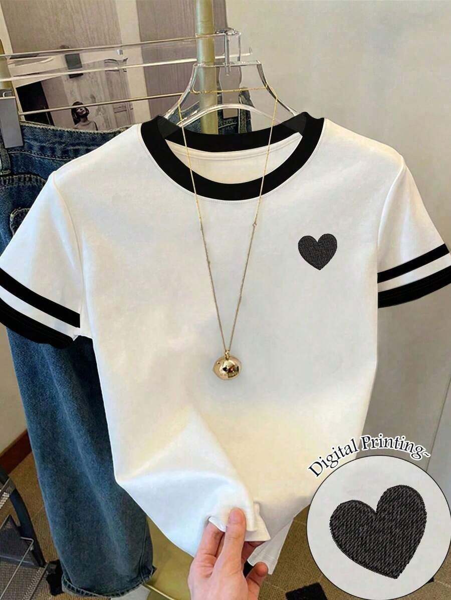 Camiseta de mujer con paneles de imitación de denim a rayas / Estampado de Dachshund / Uso diario casual / Verano - Blanco - Ver 1