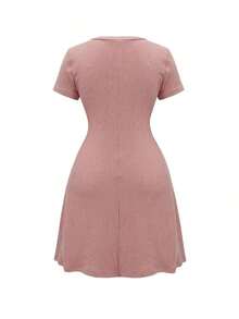 Vestido minimalista de unicolor con cuello cuadrado, mangas cortas y cintura ceñida para mujer - Rosa - Ver 4