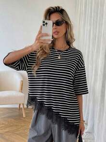 Camiseta casual de mujer con dobladillo asimétrico de encaje de unicolor, uso versátil diario, parte superior de ocio de primavera/verano, adecuada para vacaciones, verano, primavera, vacaciones de primavera y diversas ocasiones, incluyendo vestido de playa, camisa casual, ropa exterior y parte superior de verano.Marrón - Multicolor - Ver 8