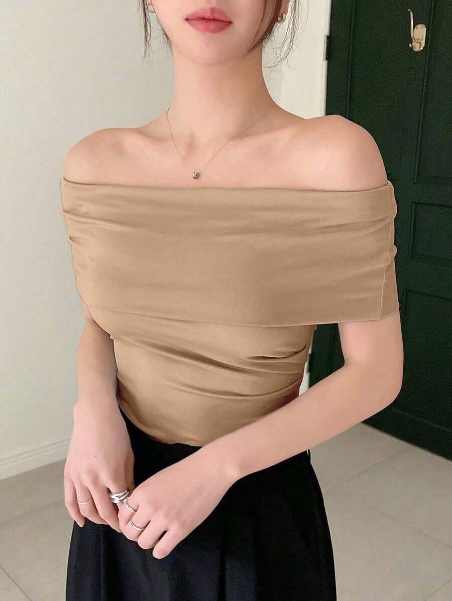 Blusa/Camiseta ajustada de hombros descubiertos con estampado de lunares para mujer - Caqui - Ver 1