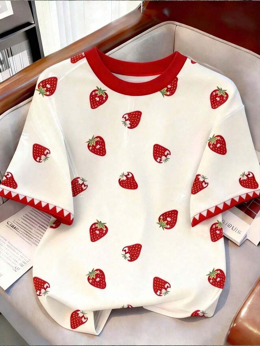 Camiseta de mujer de manga corta con cuello redondo y bloqueo de color cereza - Multicolor 7 - Ver 1