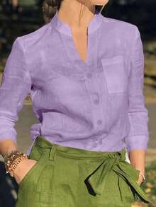 Camisa de mujer de unicolor con cuello en V y botones - Blusa casual y elegante de manga larga con detalle de bolsillo, adecuada para vacaciones, viajes y uso diario, artículo esencial para primavera, verano, otoño e invierno - Púrpura malva - Ver 2