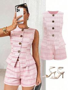 Conjunto de 2 piezas para mujer: Chaleco de metal de un solo pecho y shorts para el verano - Rosa - Ver 12