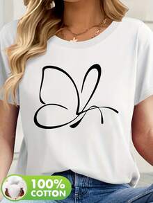 Camiseta Casual de Mujer 100% Estampado Mariposa - Cuello Redondo Suave, Manga Corta, Esencial para Primavera/Verano, Lavable a Máquina - [Blanco] - Ver 1