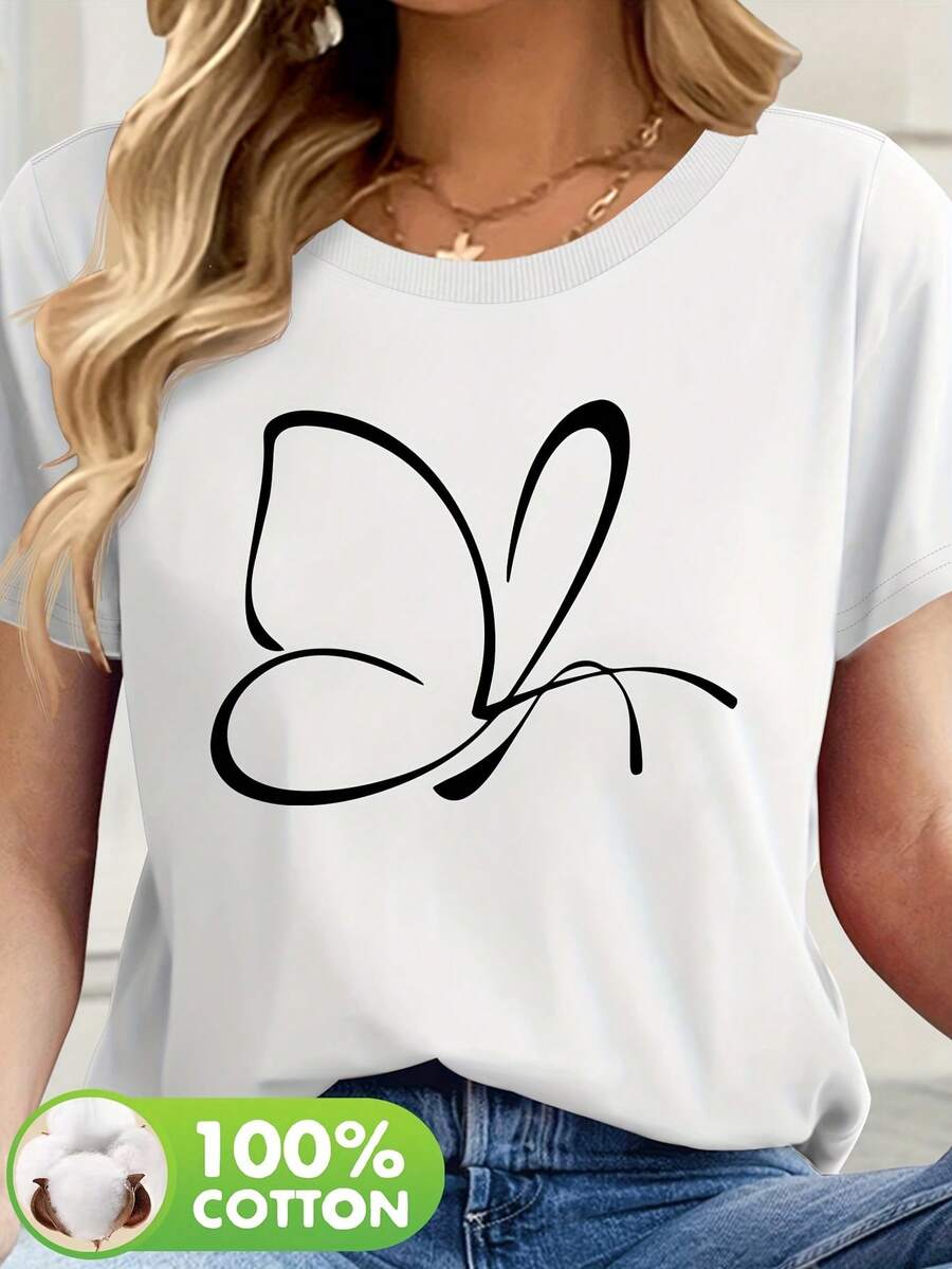 Camiseta Casual de Mujer 100% Estampado Mariposa - Cuello Redondo Suave, Manga Corta, Esencial para Primavera/Verano, Lavable a Máquina - [Blanco] - Ver 1