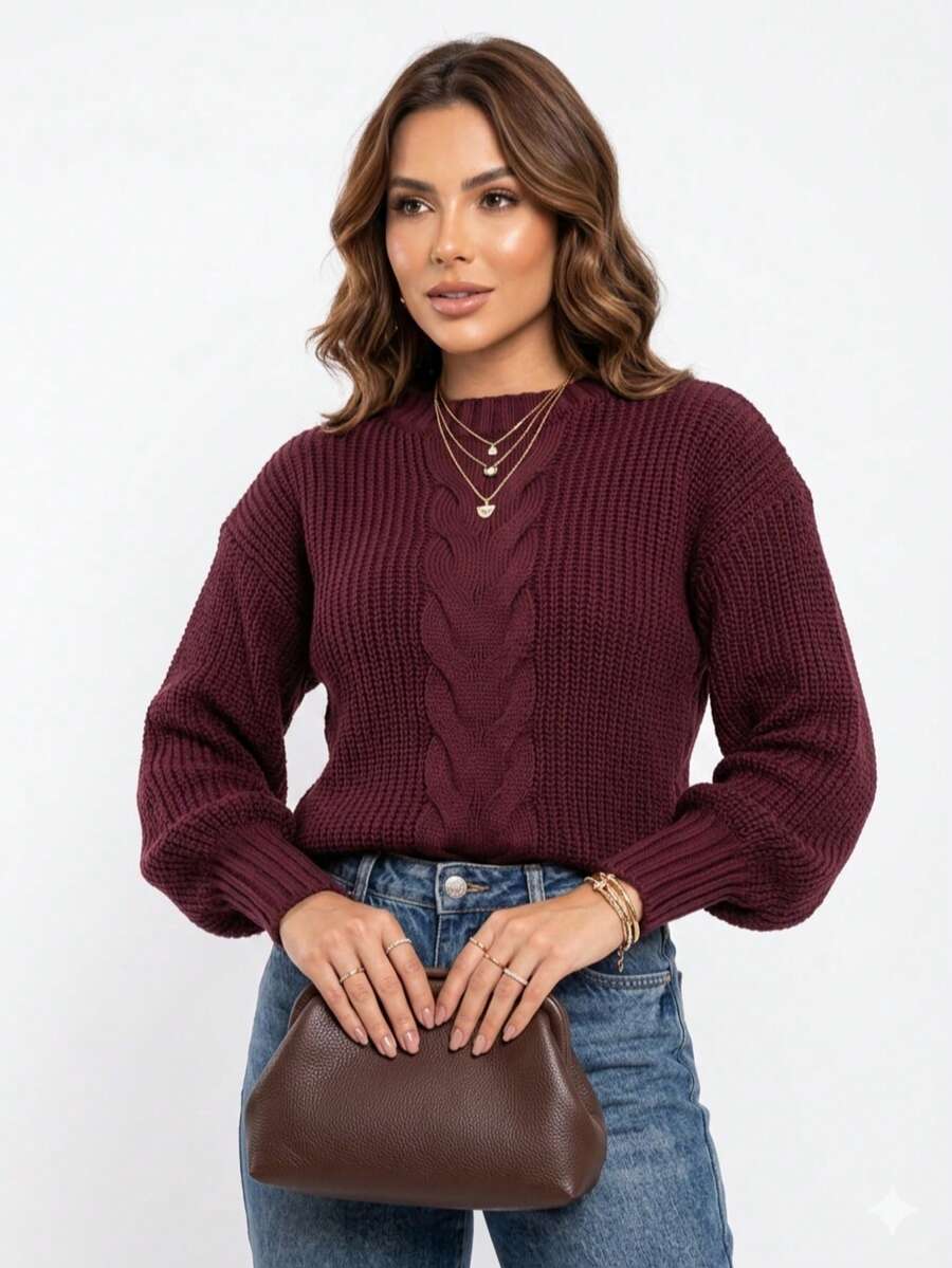 Women's Blogger-Style Sweater With Braid 2025 Knit Sweater With Puff Sleeves - Redwood - View 1