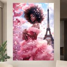 Enmarcado Lienzo decorativo plano 2D, 1 unidad, con marco de . Elegante  con marco de la Torre Eiffel y flores rosas.  con temática parisina de ensueño. Decoración para el hogar y la sala de estar. Ideal para cumpleaños, graduaciones y regalos de Año Nuevo. Listo para colgar. 40 x 60 cm (16 x 24 pulgadas). - Enmarcado - Ver 3