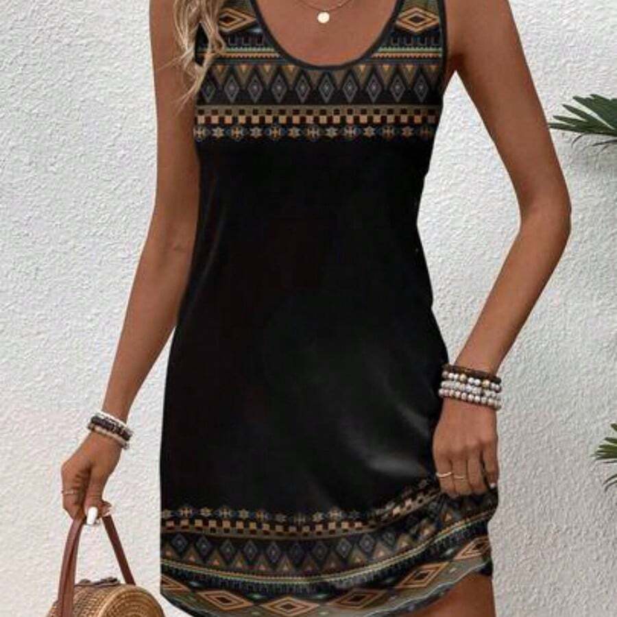 Casual Retro Bohemian Style Women's Geometric Print Camisole Dress, Suitable For Summer,Casual - Negro - Ver 1
