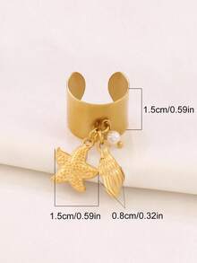 1pc Stainless Steel Starfish & Shell Open Ring, Fashion Gold Ocean Turtle Pearl Pendant Round Ring, Jewelry Gift For Women - Ocean Ring - View 6