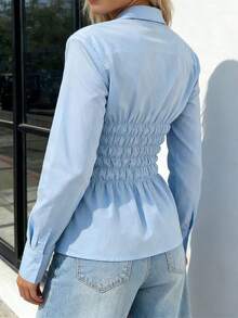 Women Smocked Long Sleeve Blouse Solid Collared Button-Up Casual Fall Tops For Daily Office Travel - Sky Blue - View 4