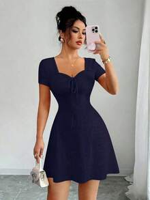 vestido mini ajustado y sexy con nudo delantero, de punto jacquard de crema de mantequilla para verano - Azul marino - Ver 5