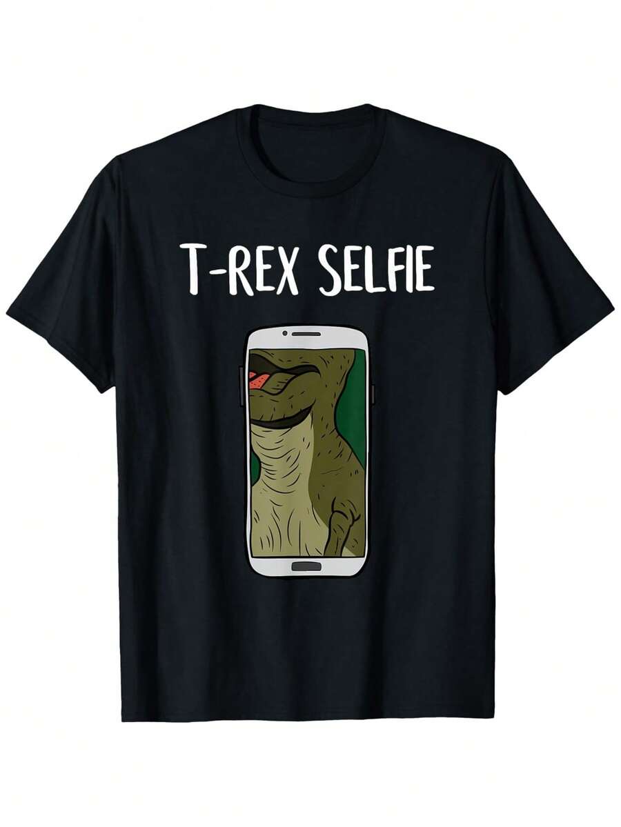Funny T-Rex Dinosaur T-Shirt For Selfies - Smiling Tyrannosaurus Rex Print T-Shirt, Casual Crew Neck T-Shirt For Christmas And New Year Gifts - 黑色 - 查看 1