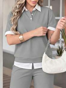 2 piezas Conjunto de camiseta de manga corta y pantalones holgados de cintura elástica para mujer, camisa de color contrastante con pantalones de pierna ancha para verano - Gris - Ver 4