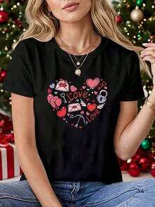 Camiseta de San Valentín para Mujer con Estampado de Candado de Corazón y Cupido - Diseño Romántico de Flecha Atravesando un Corazón, Blusa de Manga Corta con Cuello Redondo para Regalo a Novia, Atuendo para Cita Nocturna, Ropa Casual (Negra) - - Cómoda y Elástica - Negro - Ver 7