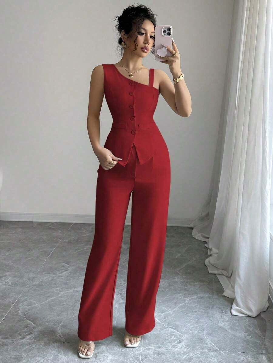 Conjunto de mujer de chaleco sin mangas con botones y tirantes oblicuos para primavera/verano + pantalones rectos con botones - Rojo - Ver 1
