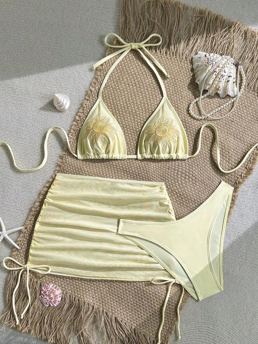 Conjunto de traje de baño de vacaciones para mujer, conjunto de vacaciones de verano para mujer, conjunto de playa para mujer - Amarillo - Ver 1