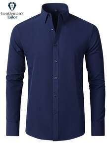Gentleman'sTailor Korean Style Slim Fit Elastic Long Sleeve Business Casual Shirt - 藏青長袖 - 查看 1