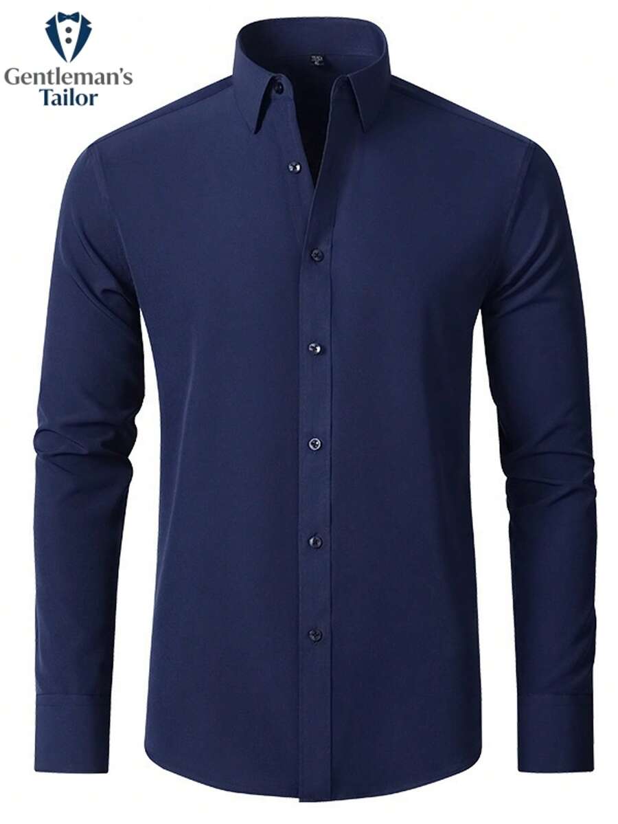 Gentleman'sTailor Korean Style Slim Fit Elastic Long Sleeve Business Casual Shirt - 藏青長袖 - 查看 1