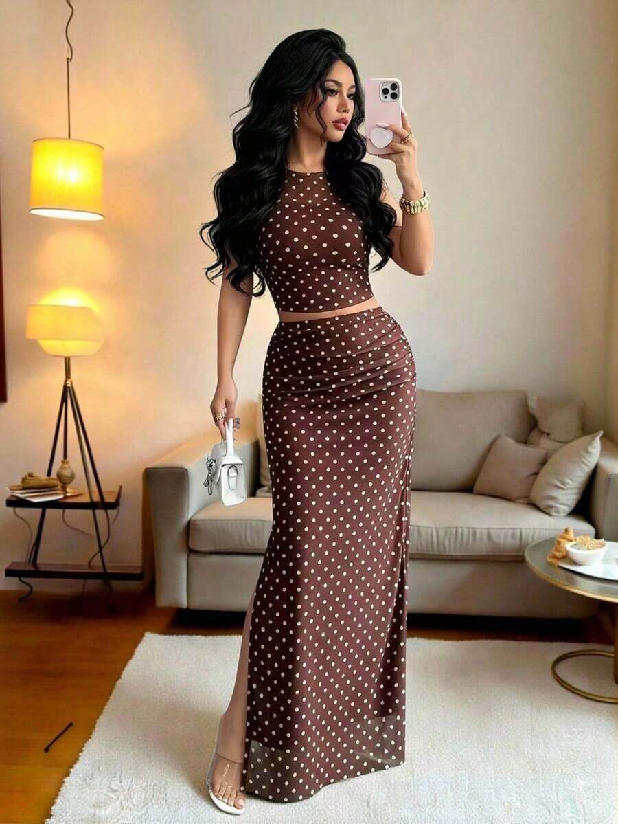 Conjunto de 2 piezas de mujer con camiseta sin mangas ajustada con abertura y degradado de teñido anudado - Café integral 4 - Ver 1