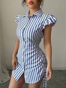 Vestido camisa elegante de vacaciones con mangas acampanadas, cintura fruncida y rayas azules - Azul y blanco - Ver 3