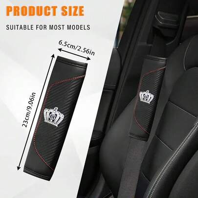 2个/1个皇冠形碳纤维肩垫，PU皮革水钻安全带肩套，亮面碳纤维皮革汽车安全带装饰配件