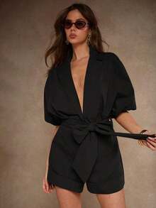 Mono de mujer de unicolor con cinturón de moda - Negro - Ver 5