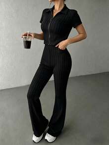 KKONE Two-Piece Set: Plain Color Crop Top And Bell Leg Pants - Black - View 2