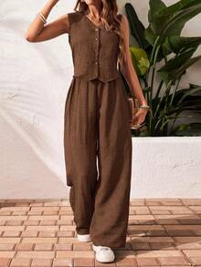 Set de 2 piezas de top de tirantes y pantalones de unicolor casuales de vacaciones - Marrón - Ver 1