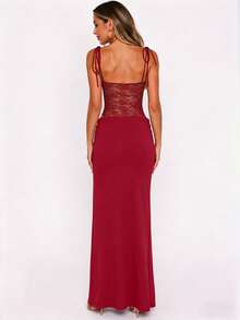 Women's Spring/Summer/Autumn Solid Red Spaghetti Strap Slim Fit Dress With Lace Patchwork, Waist-Flattering, Slimming, Vacation Style, Elegant Party Dress - Fiery Red - View 3