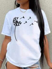 ropa de mujer ropa de mujer 1 pieza 2026 Camiseta de manga corta con cuello redondo para mujer. Diseño sencillo con estampado floral, tela de algodón puro transpirable, un artículo esencial de moda popular. 100% Cotton  camisas de mujer  camisas de mujer - Blanco - Ver 6