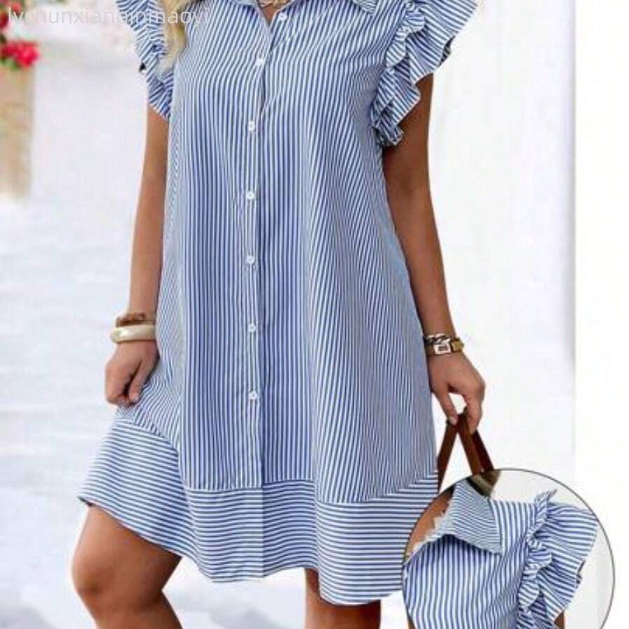 Plus Size Fashion Spring/Summer Casual Striped Front Button Cap Sleeve Dress - Azul - Ver 1