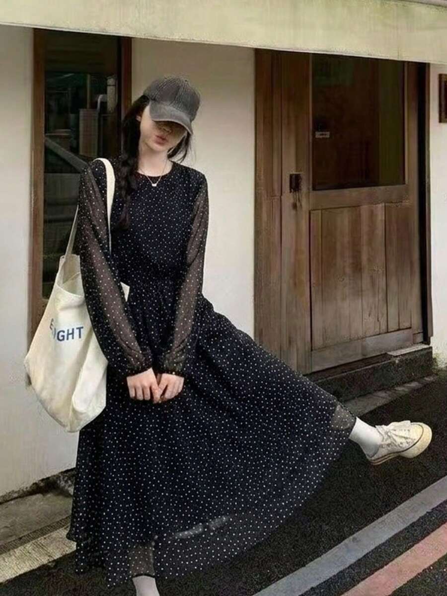 女士圆领波点休闲连衣裙，适合约会、度假、外出 - 黑色 - 查看 1