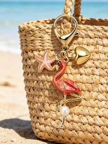 Pearl Flamingo Pendant With Heart-Shaped And Starfish Elements, Bohemian Vacation Style. Ocean Alloy Pendant, Hawaiian Tropical Style Pendant. Suitable For Backpacks, Wallet Decorations, Headphone Bag Accessories, Car Pendants, Fashionable And Minimalist Accessories, And Drip Jewelry. - one-size - View 2