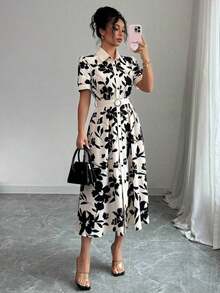 Vestido de verano elegante para vacaciones con efecto de cintura ceñida y estampado para mujeres - Albaricoque - Ver 6