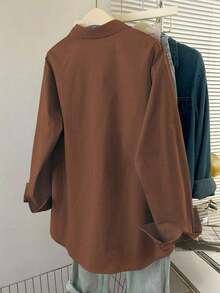 Camisa casual de manga larga de un solo pecho y holgada de unicolor para mujer, otoño - Marrón - Ver 2