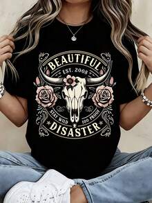 Beautiful Disaster Bull Skull Rose Print T Shirt Women Casual Short Sleeve Top Fashion Graphic Tee White - Black - View 2