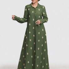 Women's Floral Print Long Sleeve Single-Breasted Casual Long Abaya Dress Modest - Verde - Ver 1