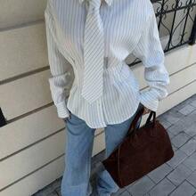 Chic Women's Pinstripe Tie Neck Blouse With Collared Neck And Long Sleeves Perfect For Work Or Dressy Everyday Style Long Sleeved Shirt Striped Shirt Vintage Shirt Collar Shirt White Top White Blouse Spring - Blanco - Ver 6