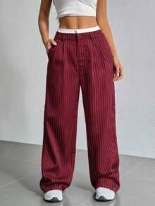 Pantalones anchos de mujer con pliegues y rayas, con cintura de bloques de color para otoño/invierno - Burdeos - Ver 6