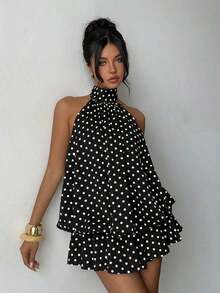 Vestido mini elegante de mujer con estampado de lunares y escote halter sin espalda - Negro - Ver 8