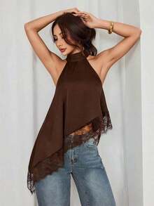 Top asimétrico de cuello alto con escote de halter y ribete de encaje para fiesta de noche, cóctel, formal, elegante, sin mangas para salida nocturna, boda, invitado, verano, otoño, hombros descubiertos - Marrón - Ver 9