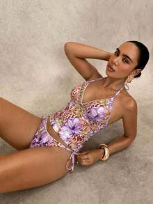 Conjunto de bikini a cuadros de cereza dulce - Marrón - Ver 7