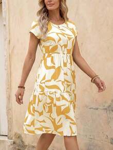 Vestido corto con cuello redondo y manga corta de estampado geométrico, casual para mujer, adecuado para primavera/verano - Amarillo - Ver 4