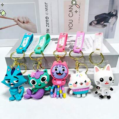 MASSDI Gabby Dollhouse Silicone Keychain Set, 5PCS 3D Character Pendant Key Rings With Wrist Strap, Cartoon Key Accessories For Festival Party Favors, Goodie Bag Fillers, Holiday Gifts & Bag Charms