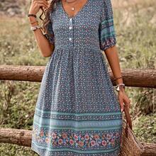 Women Short Puff Sleeve Dress With Floral Print, Button Decoration And Vacation Style For Summer Vacation Beach Outfit - Negro - Ver 2