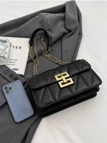 极简金属装饰链条单肩包，优雅PU斜挎包，翻盖单肩包，女士时尚手提包兼手机袋 - 黑色 - 查看 3