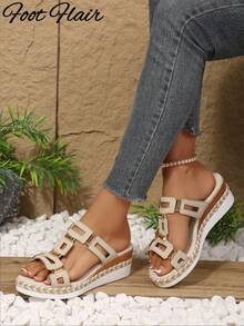 Foot Flair Women's Plus Size Fashion Retro Open Toe Rope Sole Sandals, Geometric Pattern Bohemian Vintage Chic Rivet Decor Thick Sole Sandals, Suitable For Weddings, Parties, Vacations, Summer And Other Occasions, Women's Wedge Thick Sole Sandals - Beige - View 3