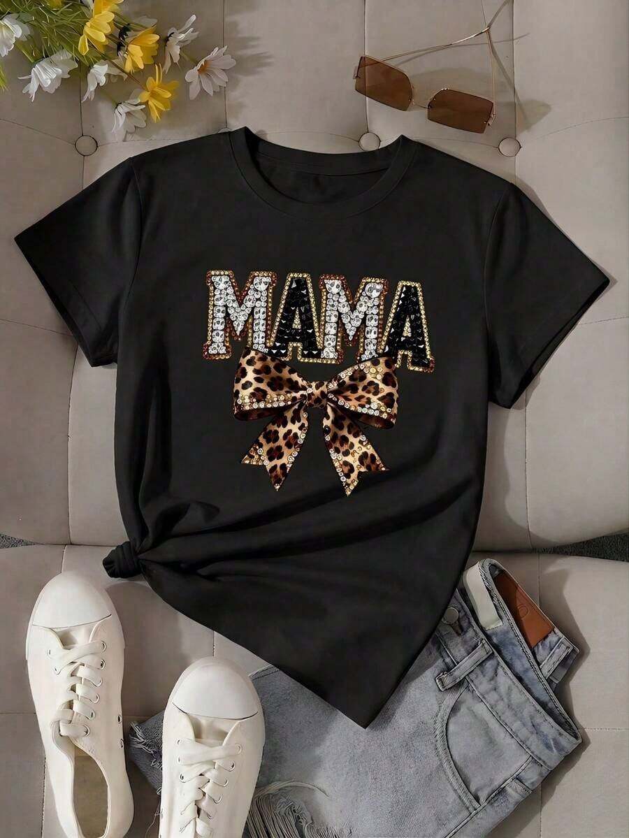Camiseta Casual para Mujer con Estampado de Mamá, Cuello Redondo, Manga Corta, de Poliéster, con Lazo de Estampado de Leopardo, Ideal para Regalo a Mamá, Ligeramente Elástica, de Longitud Regular 3IRT - Negro - Ver 1
