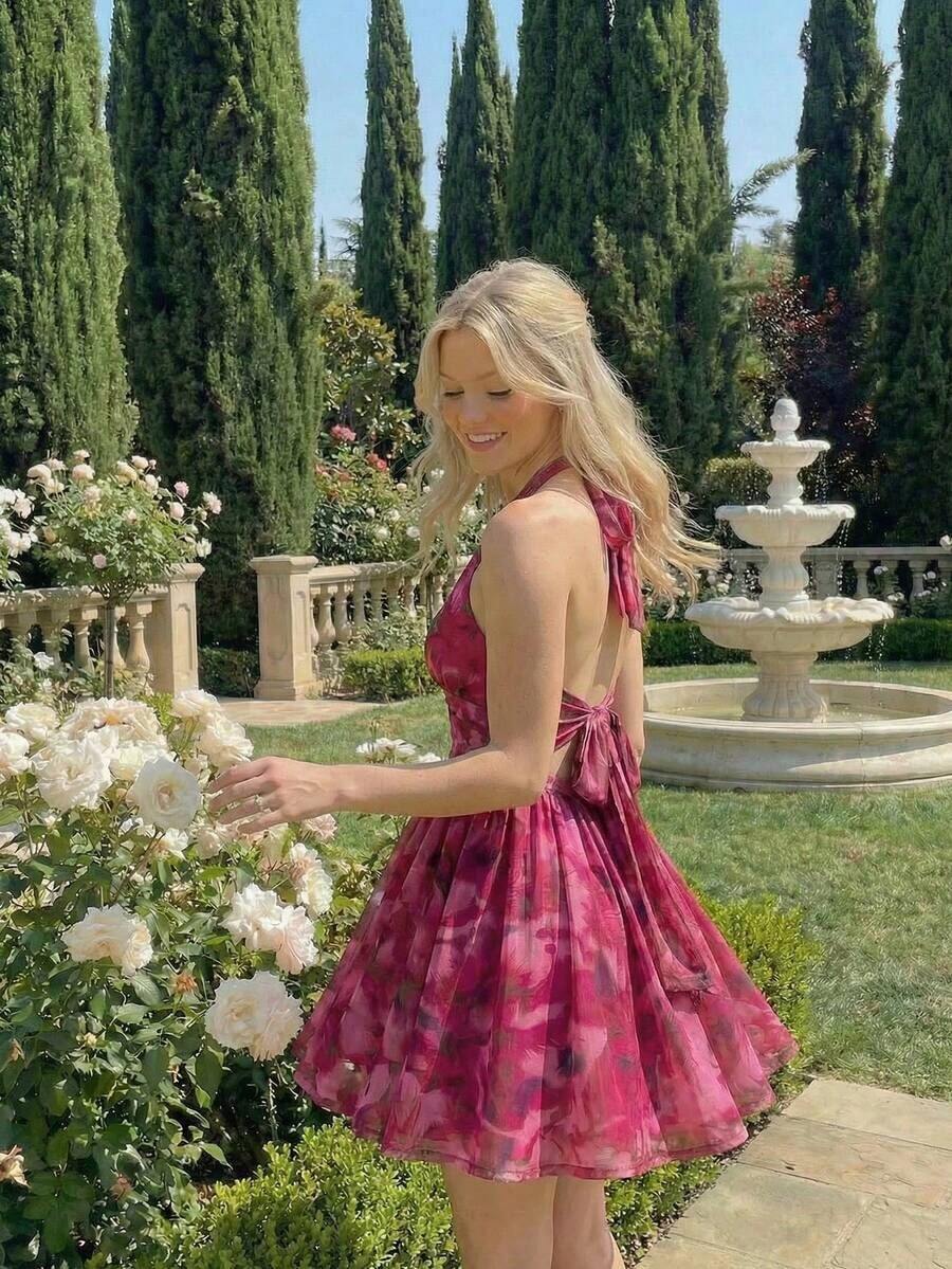 MOD Vestido mini con espalda descubierta, lazo y estampado floral abstracto fluido - Multicolor - Ver 1